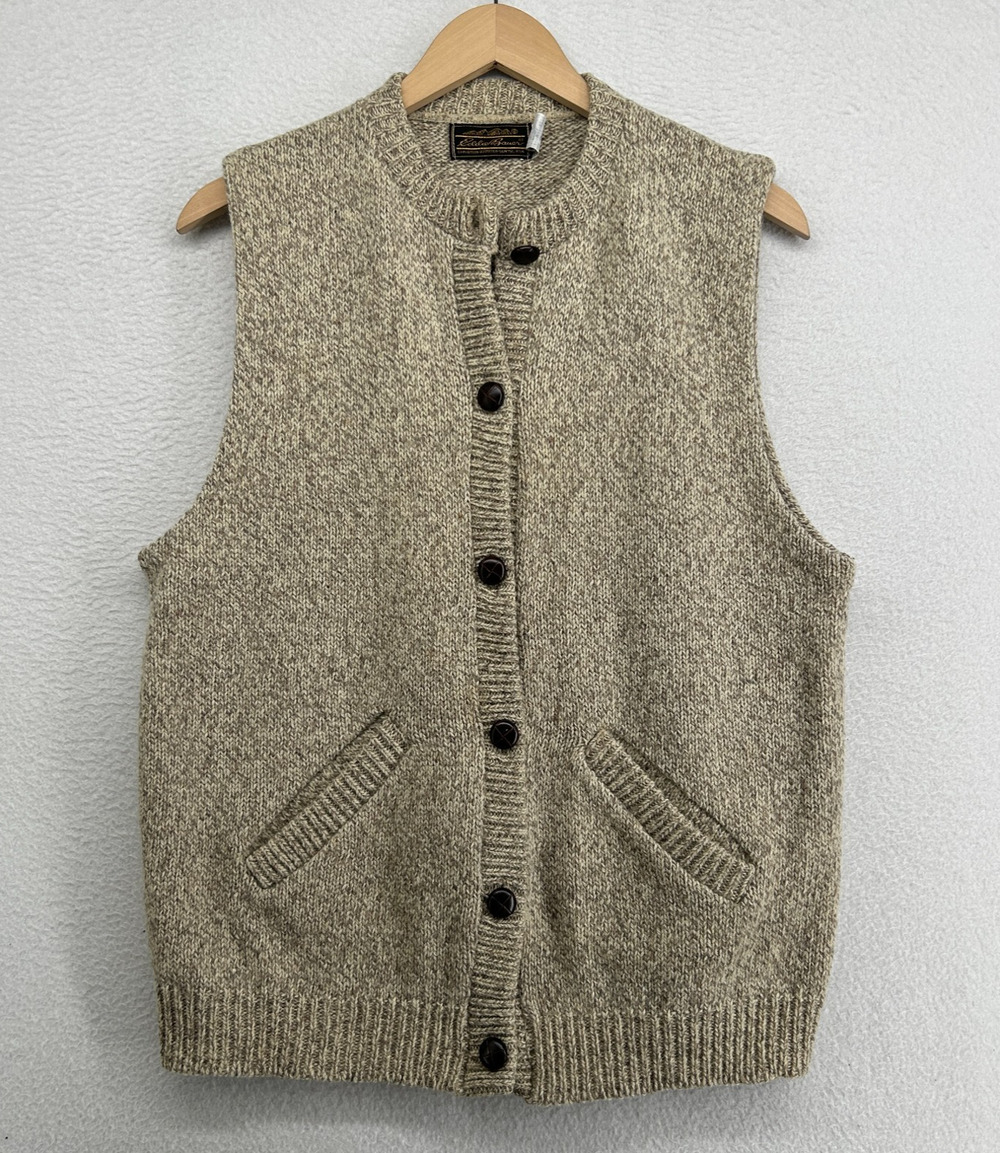 EDDIE BAUER Vest Womens L Wool Sweater Marled Button Front Beige Made USA VTG